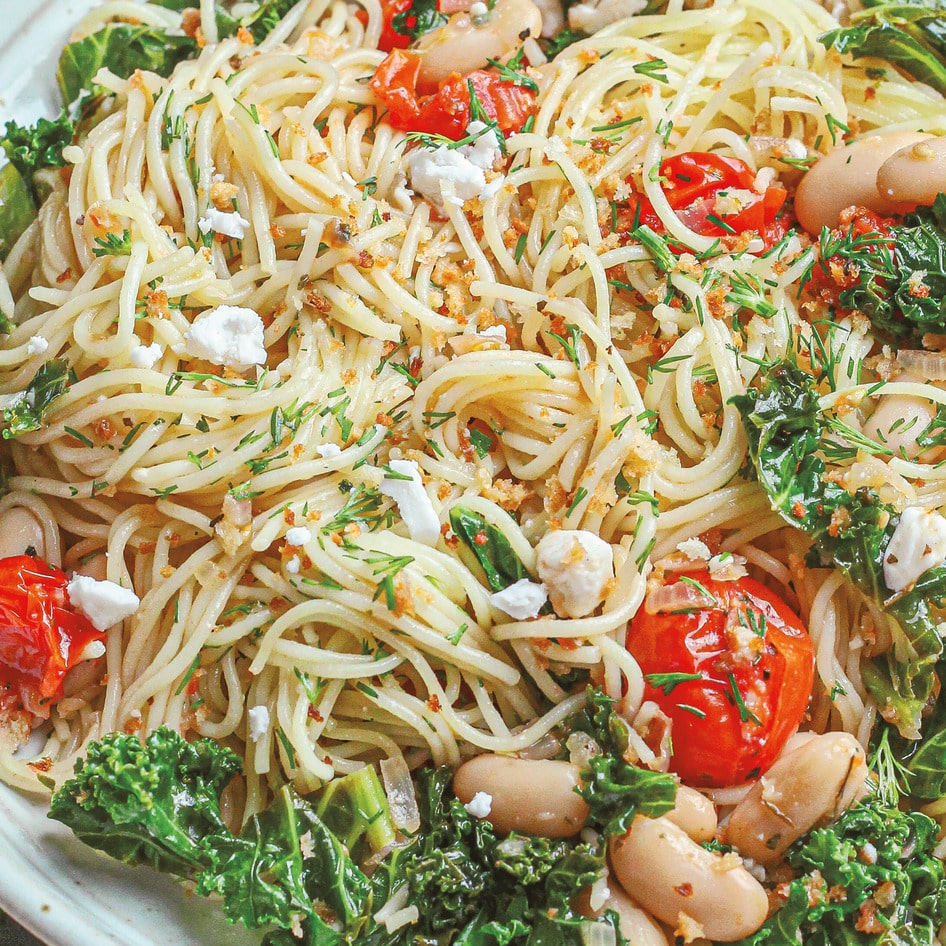 Angel Hair Pasta With Lemon, Kale, and Plant-Based Feta