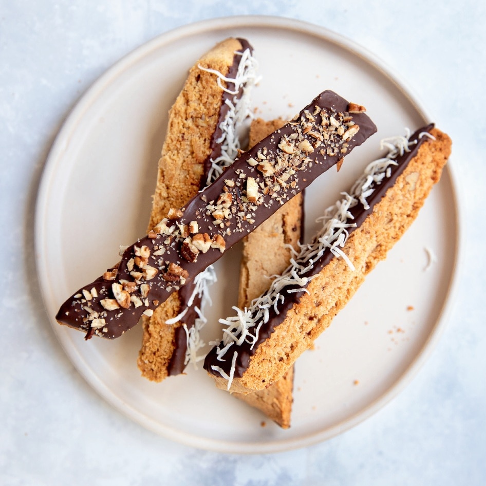 Chocolate-Dipped Coconut Pecan Biscotti