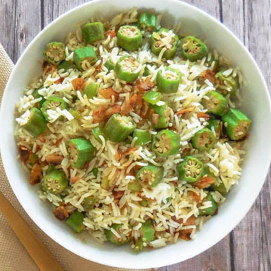 Quick and Easy Okra Pilaf With Coconut Bacon