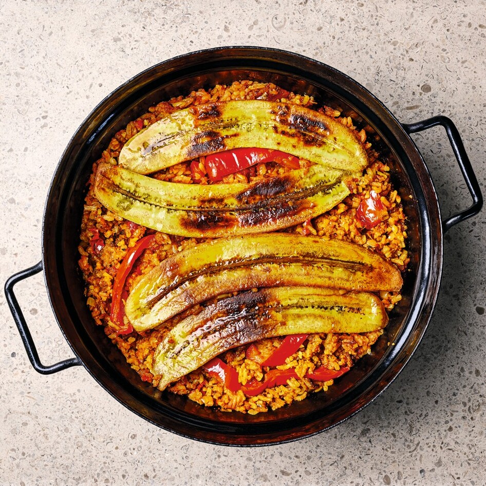 Garlicky Fried Plantains With Spicy Red Pepper and Tomato Rice