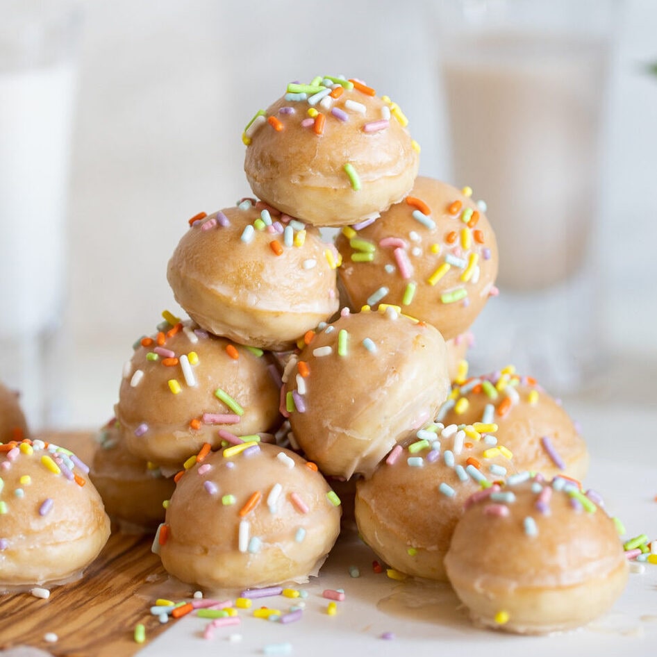 Glazed Vegan Vanilla Doughnut Holes With Funfetti Sprinkles