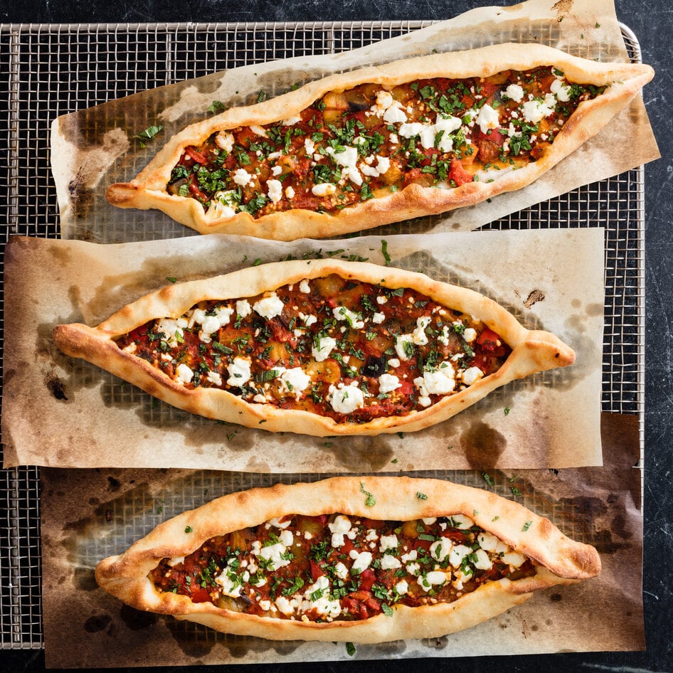 Turkish Flatbread With Eggplant and Tomatoes